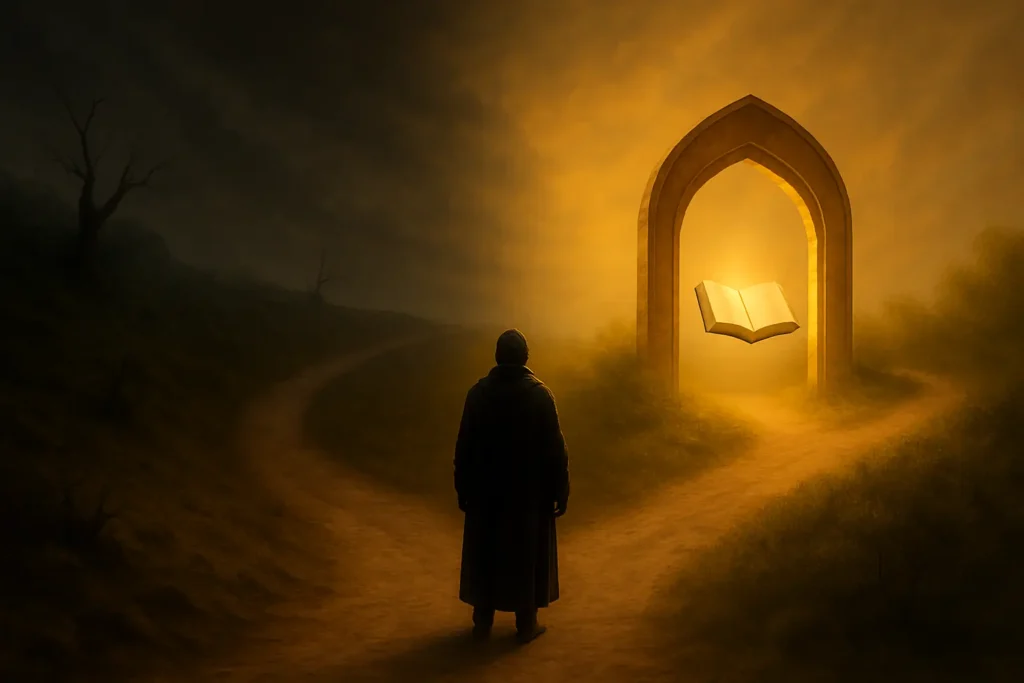 A person standing at a crossroads at sunset with one path leading into darkness and the other path illuminated, symbolizing the Islamic concept of commitment versus replacement.