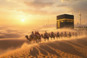 Illustration of a Quraysh caravan traveling through the desert with the Kaaba in the background, symbolizing the trade journeys and divine protection mentioned in the Quraysh Surah tafsir.