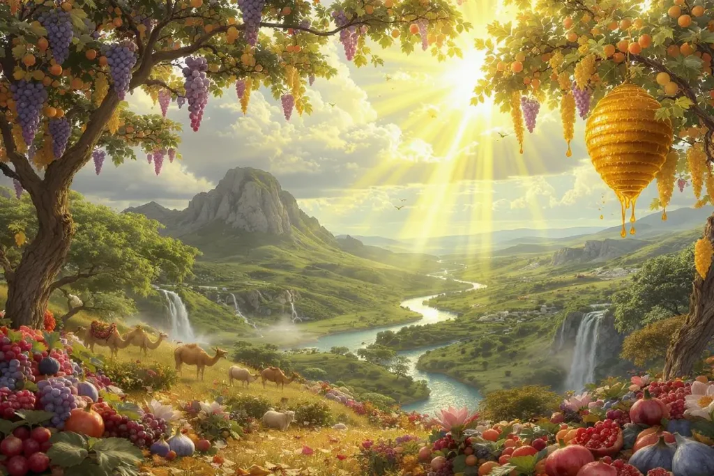 Illustration inspired by Surah An-Nahl showing nature’s blessings: fruit trees, grazing animals, flowing river, and honeybee near a hive, symbolizing divine gifts and Quranic themes.